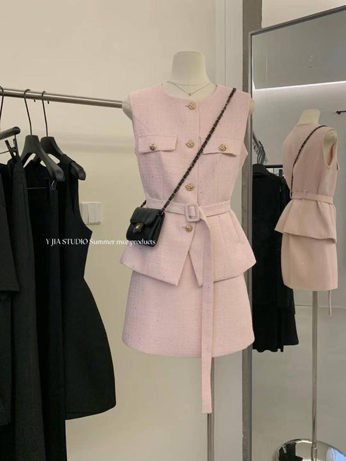 Round Neck Sleeveless Vest With Mini Skirts Tweed Sets
